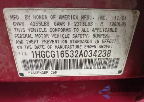 2002 Honda Accord 3.0 Ex z USA, uszkodzony, nr VIN 1HGCG16532A034238